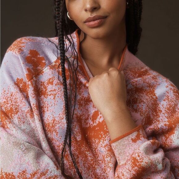 The Beatriz Mock-Neck Sweater:
Lurex Edition Abstract Orange and Pink Sweater - Picture 3 of 8